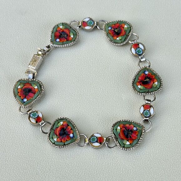 Vintage Italian Micro Mosaic Heart Bracelet GM Mark Floral Glass Tile 7.25” - Picture 1 of 7